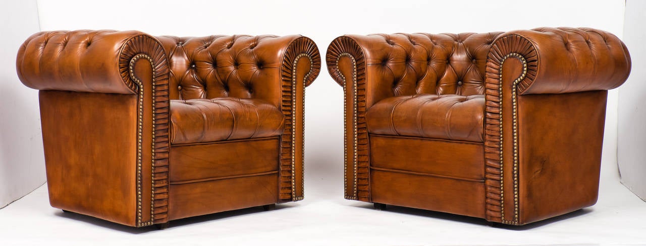 Pair of Leather Chesterfield Club Chairs In Good Condition In Austin, TX