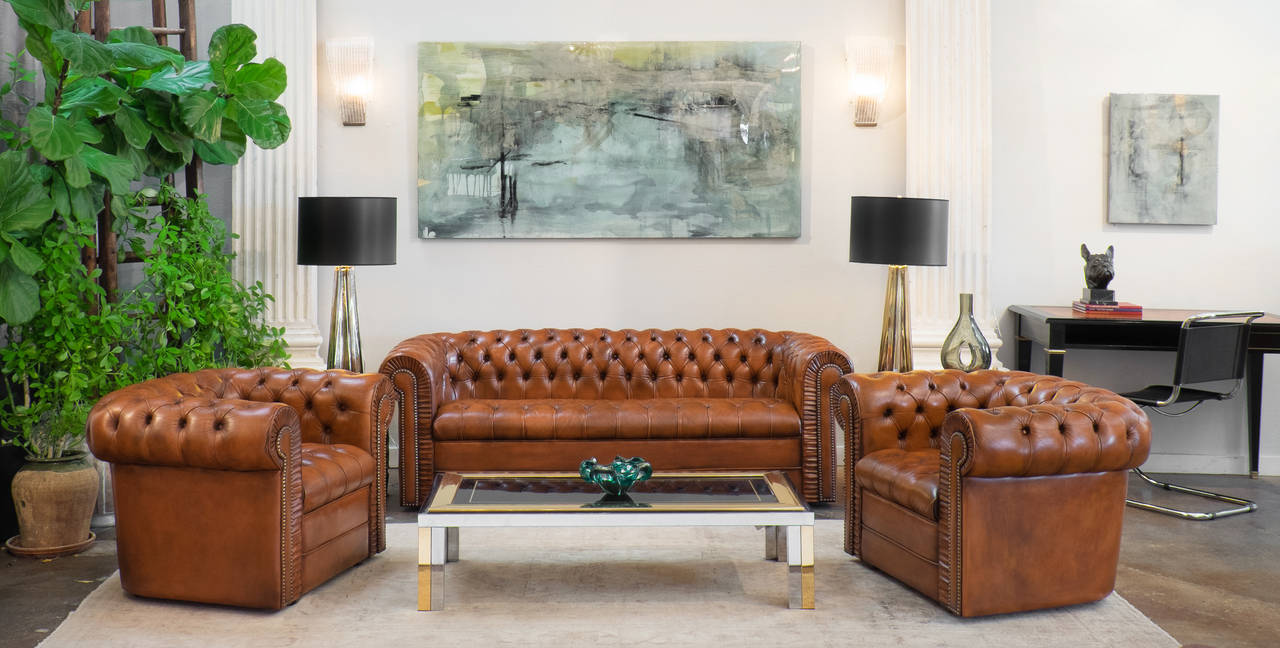 English Pair of Leather Chesterfield Club Chairs