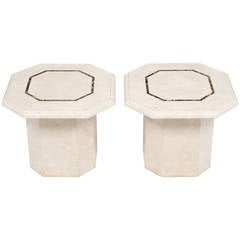 French Vintage Pair of Travertine Side Tables