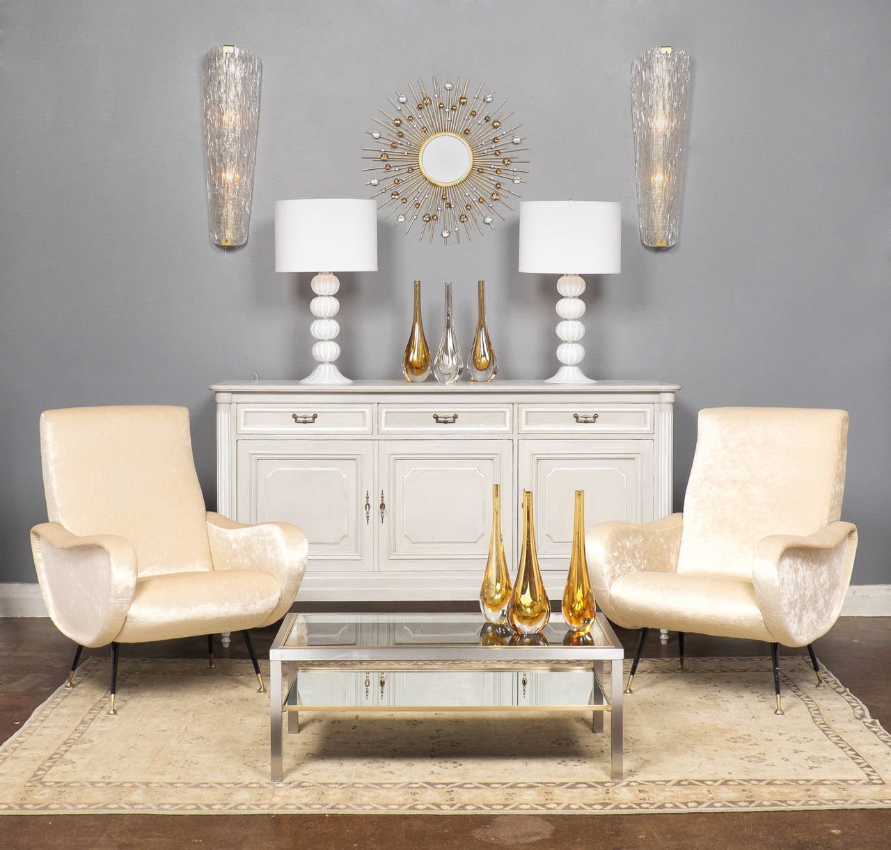 Italian Mid-Century Modern period armchairs in champagne velvet upholstery, 