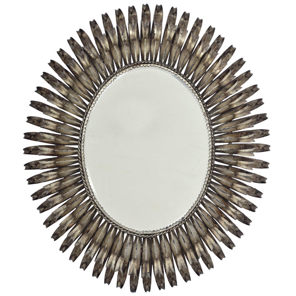 Vintage Silver Leaf Sunburst Mirror in the Manner of Line Vautrin