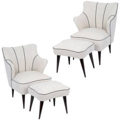 French Moderne Wingback Armchairs with Stools
