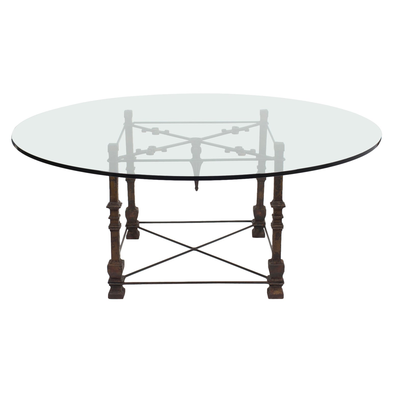 Antique Forged Iron Dining Table with Glass Top