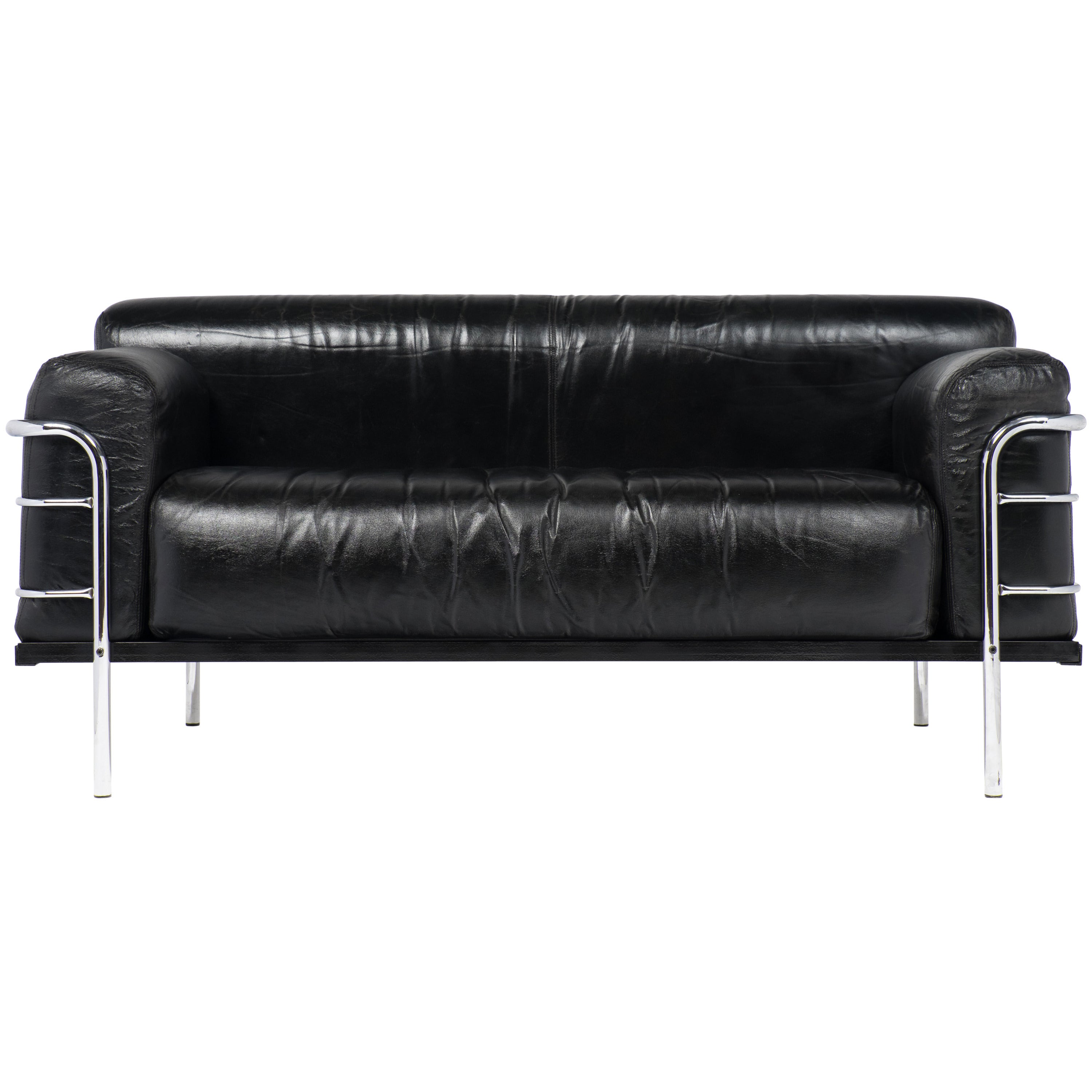 Vintage Le Corbusier Style Leather and Chrome Sofa