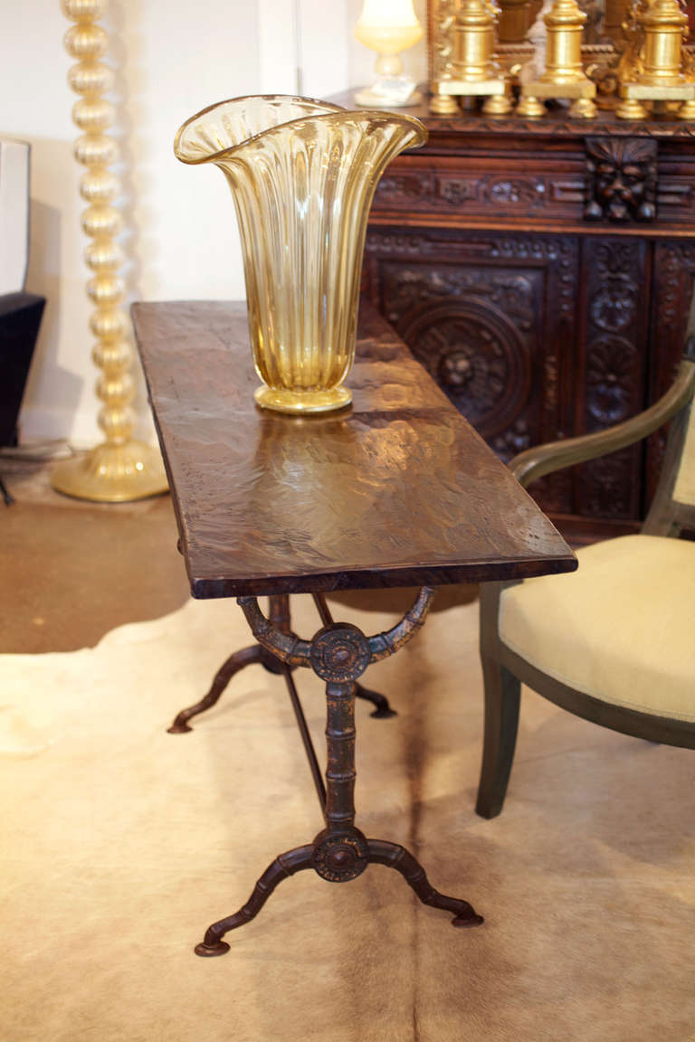 This 18th century hand hewn chestnut plank trunk top paired with a finely cast 19th century iron base made my day, right before lunch outside of Villefranche sur Saone in the heart of the Beaujolais region. The patina on the top is amazing, the old