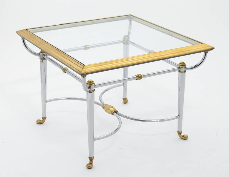 French vintage side table in brass and chrome with a glass top. Superb style and finish, great size for a small coffee table or side table.