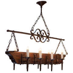 French Antique Chandelier in Oak and Hammered Iron