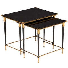 Pair of Black Glass & Brass Nesting Tables