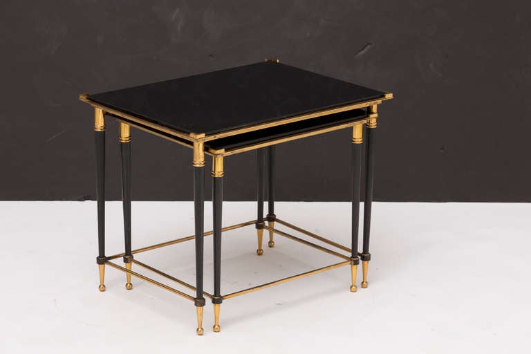 Mid-Century Modern Pair of Black Glass & Brass Nesting Tables