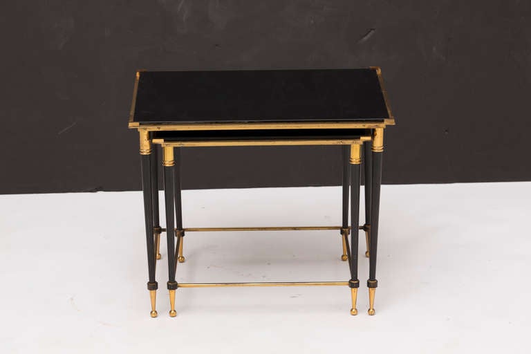 French Pair of Black Glass & Brass Nesting Tables