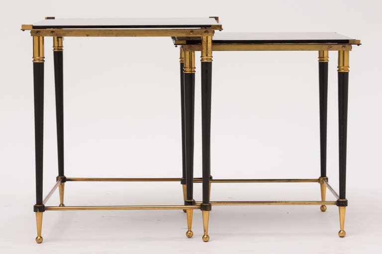 Pair of Black Glass & Brass Nesting Tables In Good Condition In Austin, TX