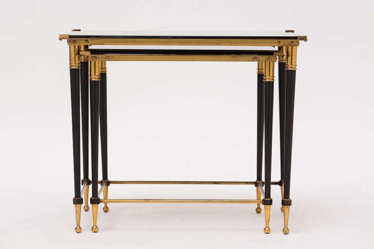 Mid-20th Century Pair of Black Glass & Brass Nesting Tables