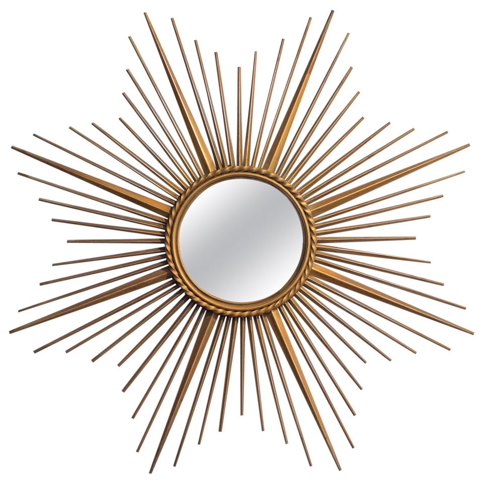 French Vintage Brass Sunburst Convex Mirror, circa 1950s at 1stDibs