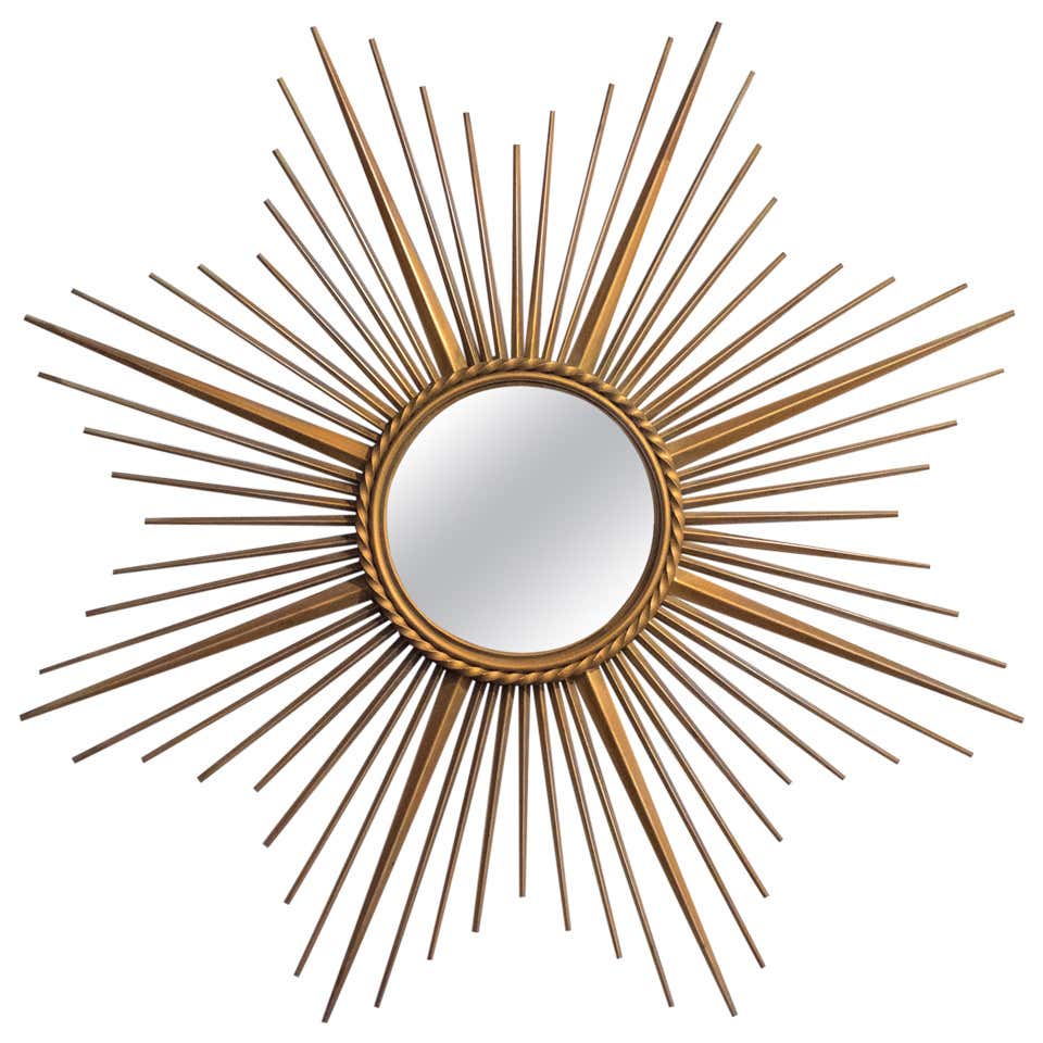 French Vintage Brass Sunburst Convex Mirror, circa 1950s at 1stDibs
