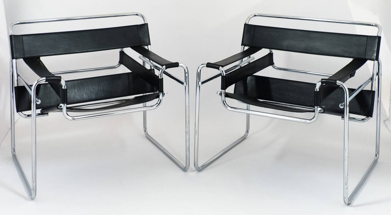 Italian Vintage Pair of Leather and Chrome Wassily Chairs
