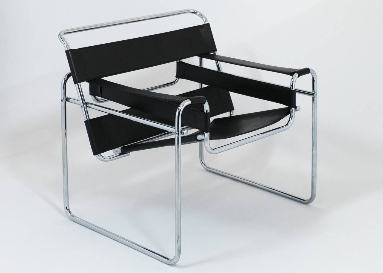 Italian Vintage Pair of Leather and Chrome Wassily Chairs