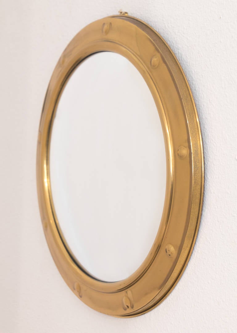 French Vintage Convex Gilt Brass Framed Mirror, circa 1940s 3