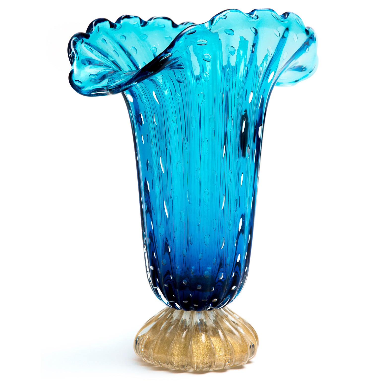 Cerulean & Gold Murano "Pulegoso" Glass Vases