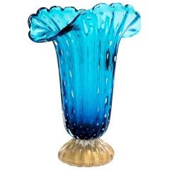 Cerulean & Gold Murano "Pulegoso" Glass Vases