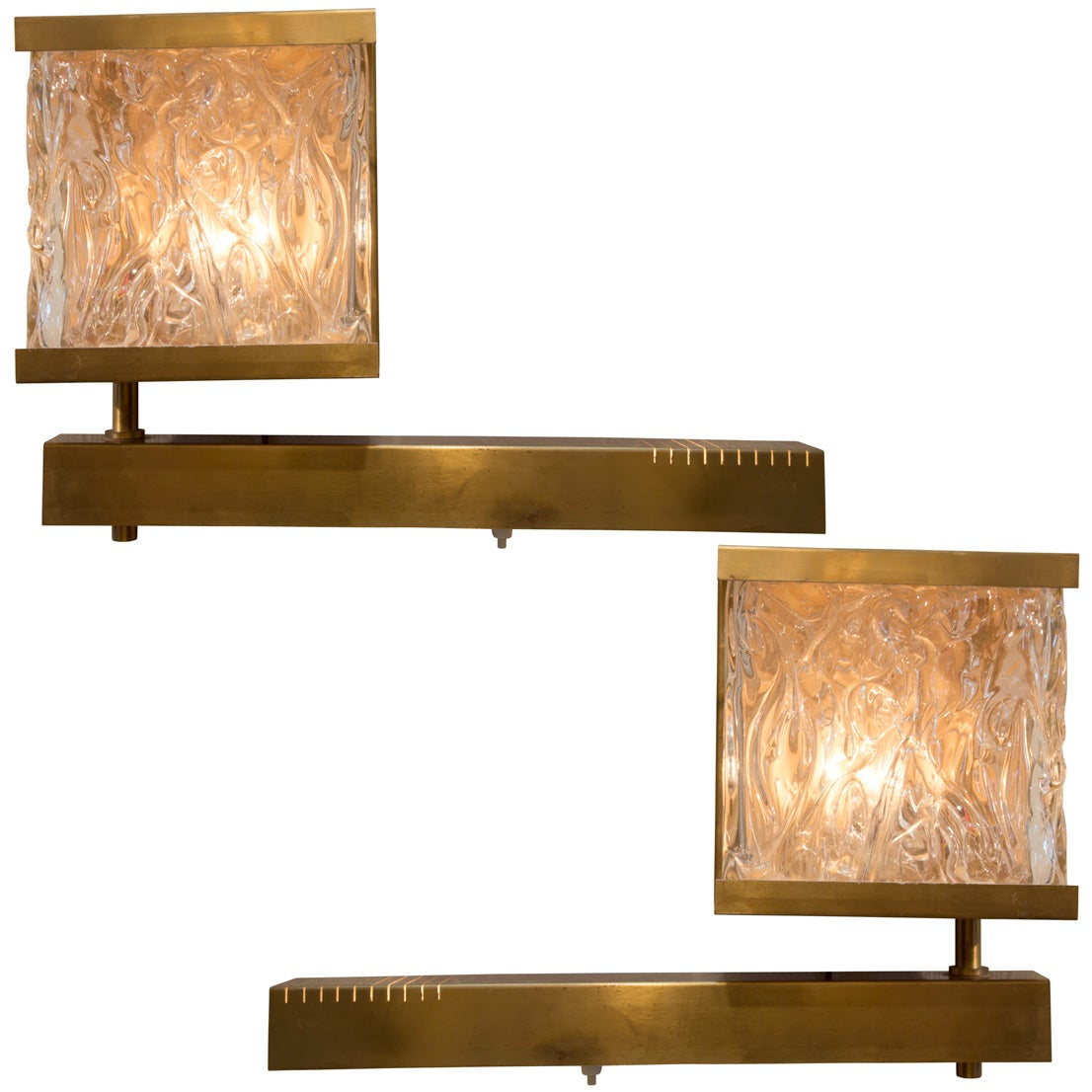 French Vintage Stamped Glass and Brass Sconces with Pivoting Arm