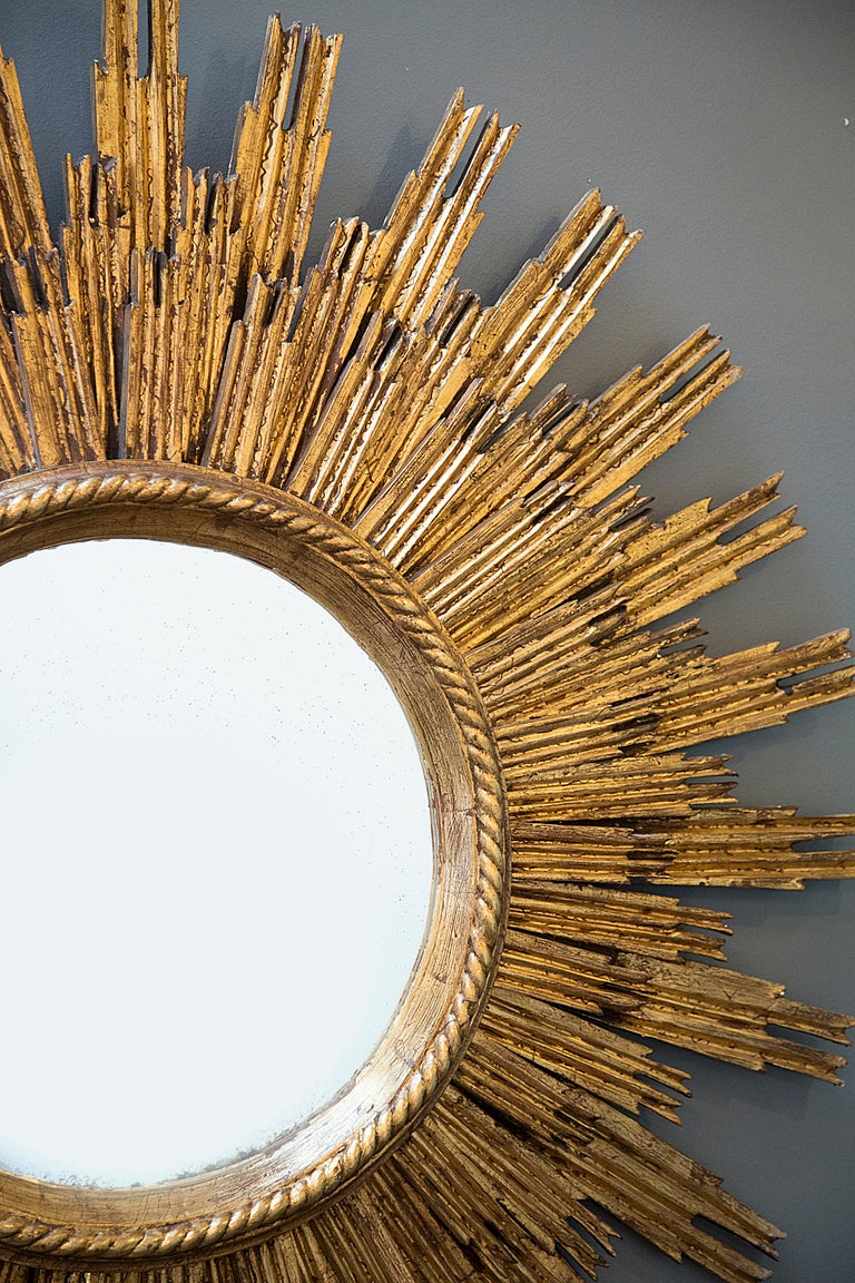 Mid-Century Modern French Gold Leafed Hand Carved Sunburst Mirror