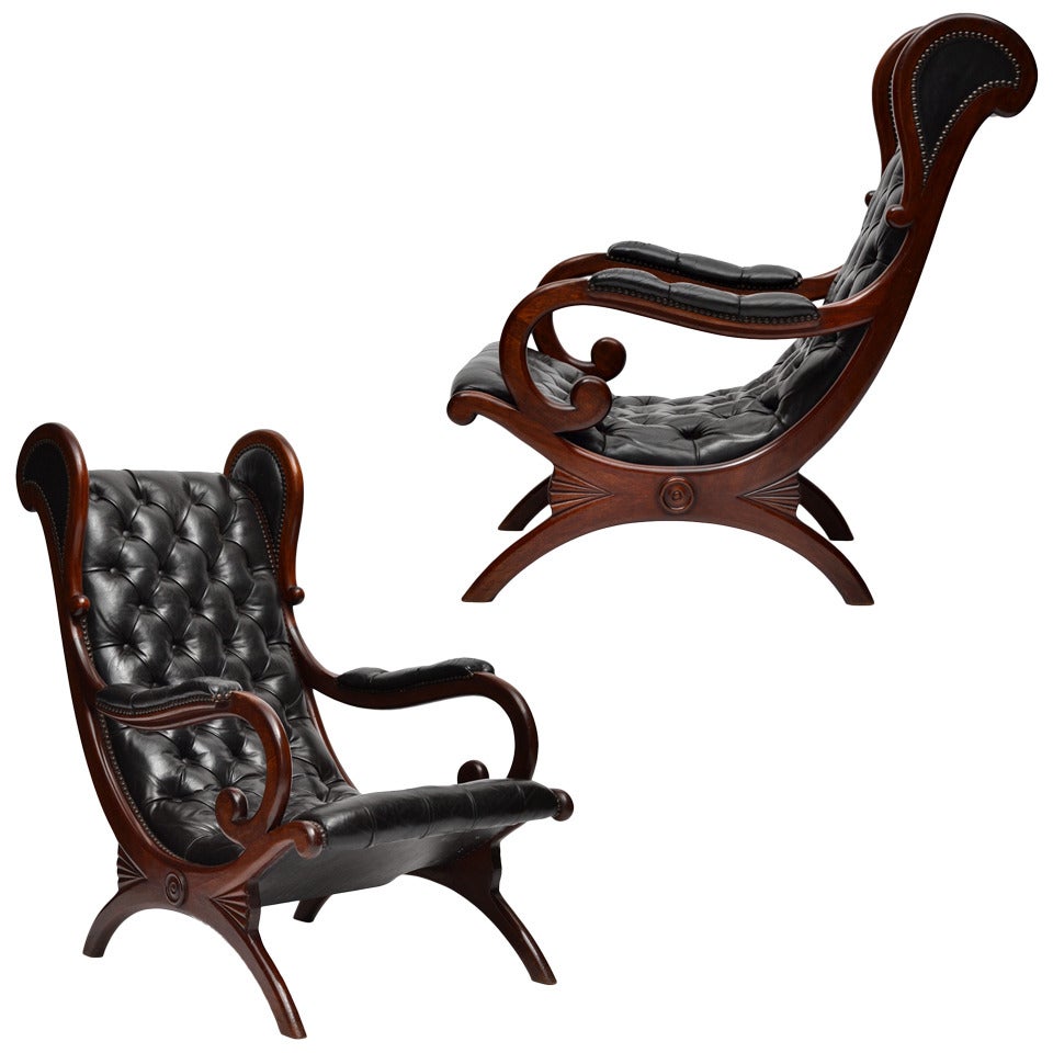 Vintage Leather and Mahogany Wingback Lounge Chairs