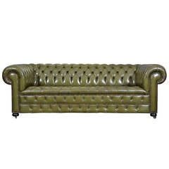 Vintage English Olive Green Leather Chesterfield Sofa