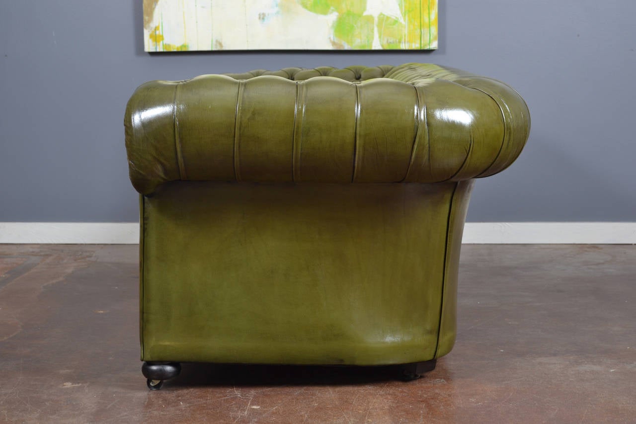 Vintage English Olive Green Leather Chesterfield Sofa In Good Condition In Austin, TX