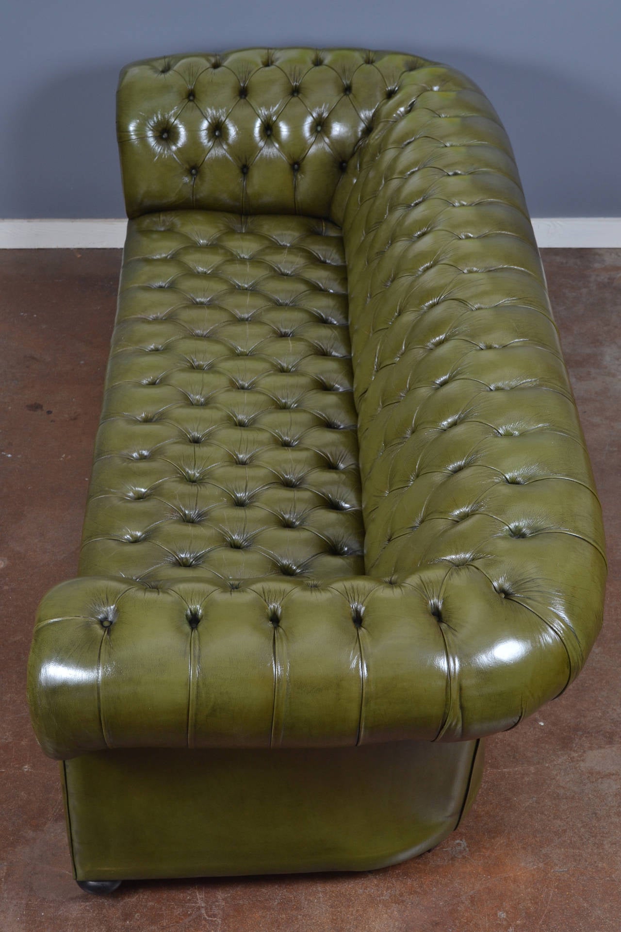 Mid-20th Century Vintage English Olive Green Leather Chesterfield Sofa