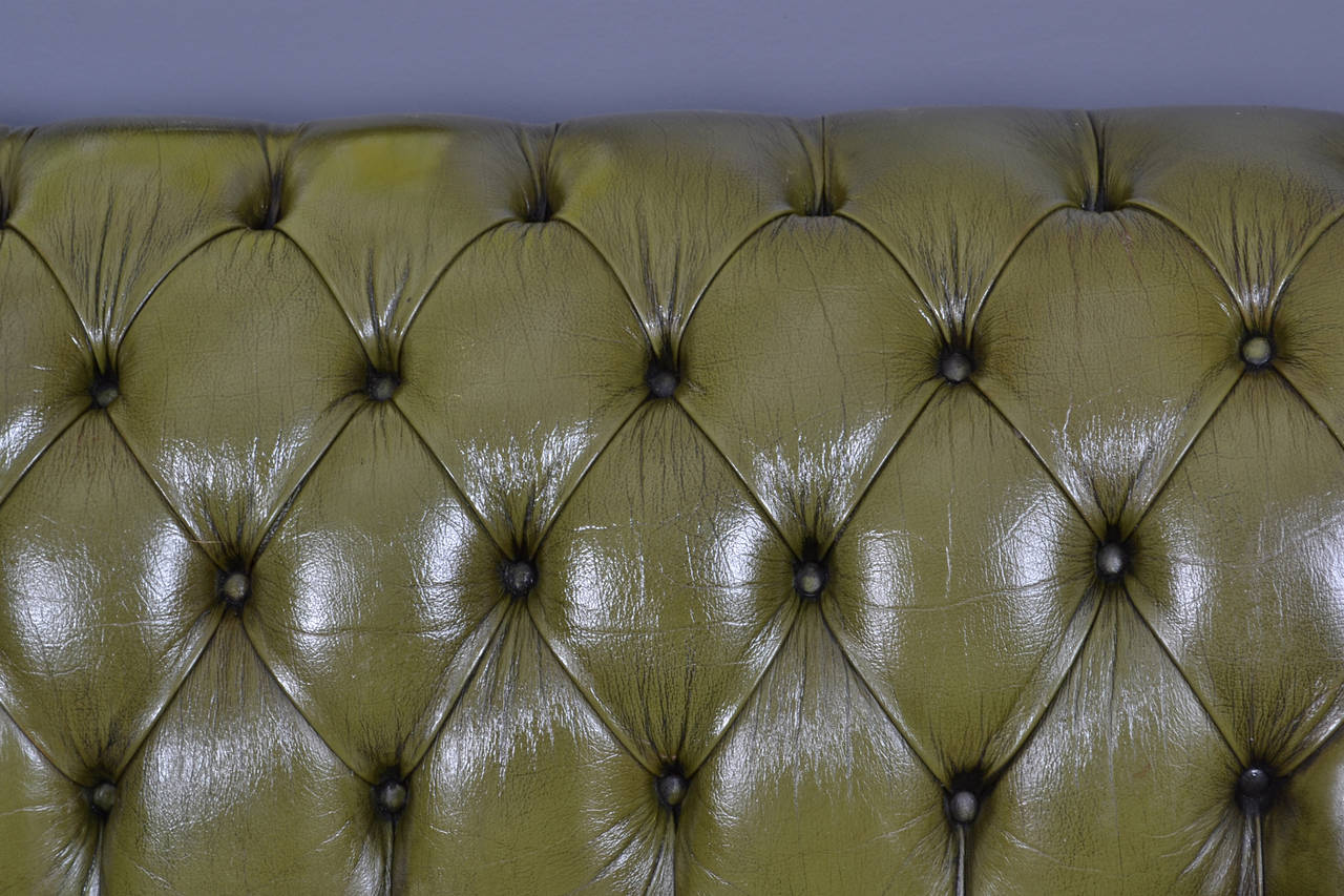 Vintage English Olive Green Leather Chesterfield Sofa 1