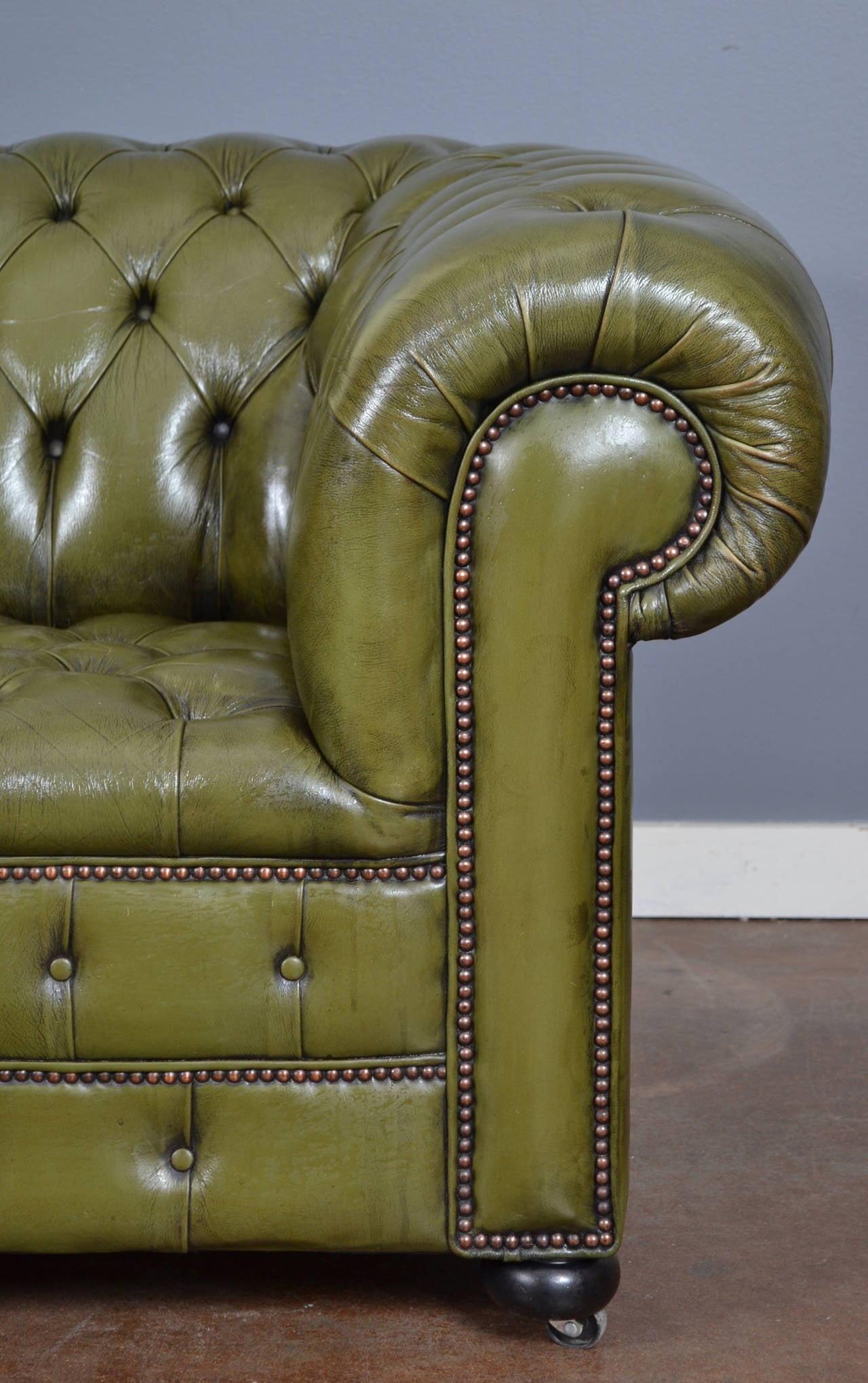 Vintage English Olive Green Leather Chesterfield Sofa 2