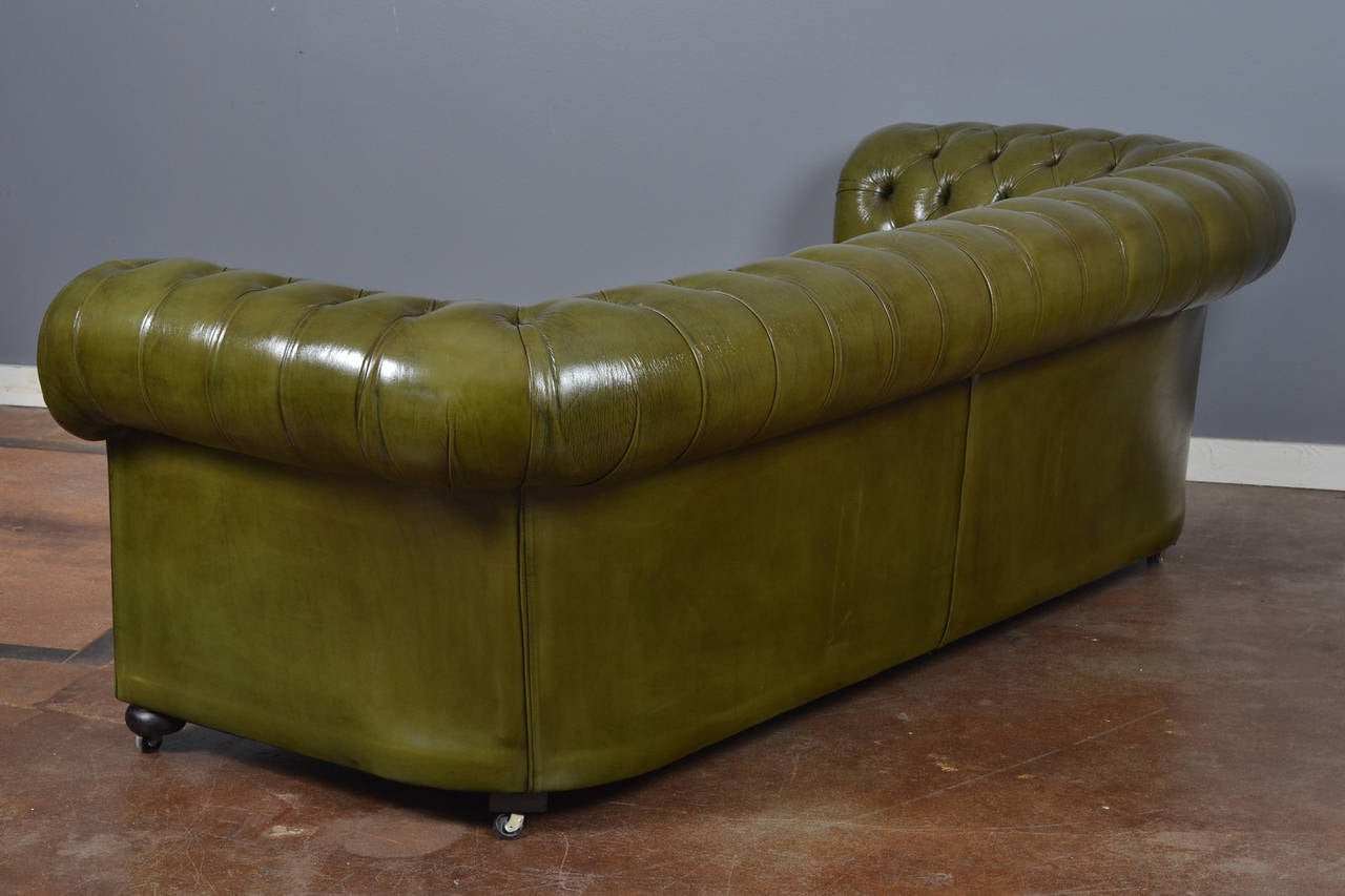 Vintage English Olive Green Leather Chesterfield Sofa 3