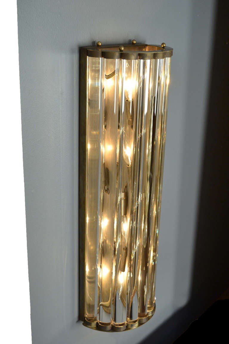 Mid-Century Modern Pair of Murano Glass Tube and Brass Sconces For Sale