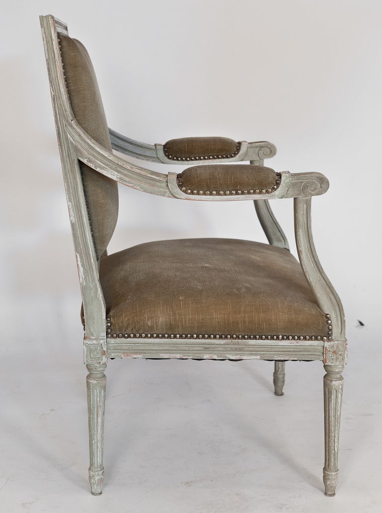French Pair of Louis XVI Painted Walnut Armchairs