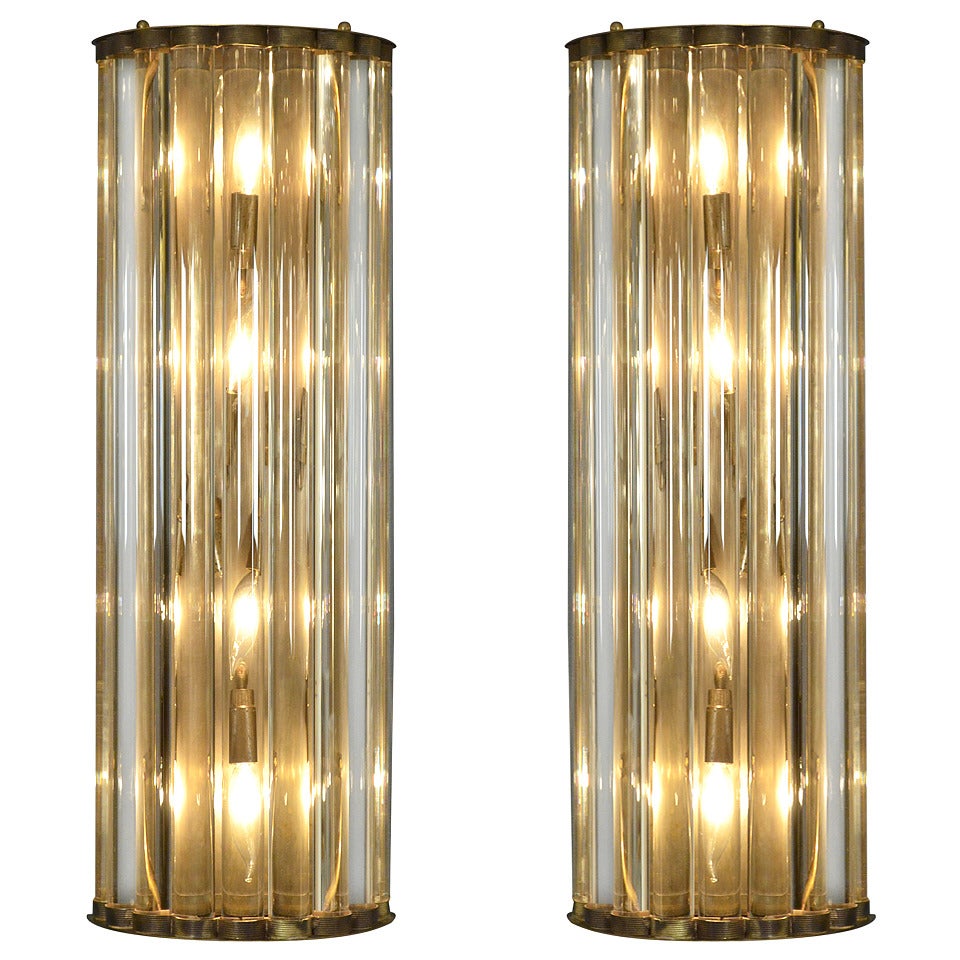 Pair of Murano Glass Tube and Brass Sconces