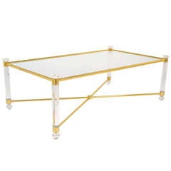 French Lucite 
Gilt Brass Coffee Table