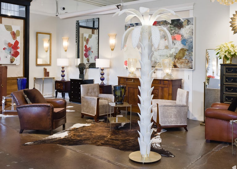 Murano glass palm tree floor lamp with brass base and hand blown Murano Girasole iridescent glass leaves. The base is 18