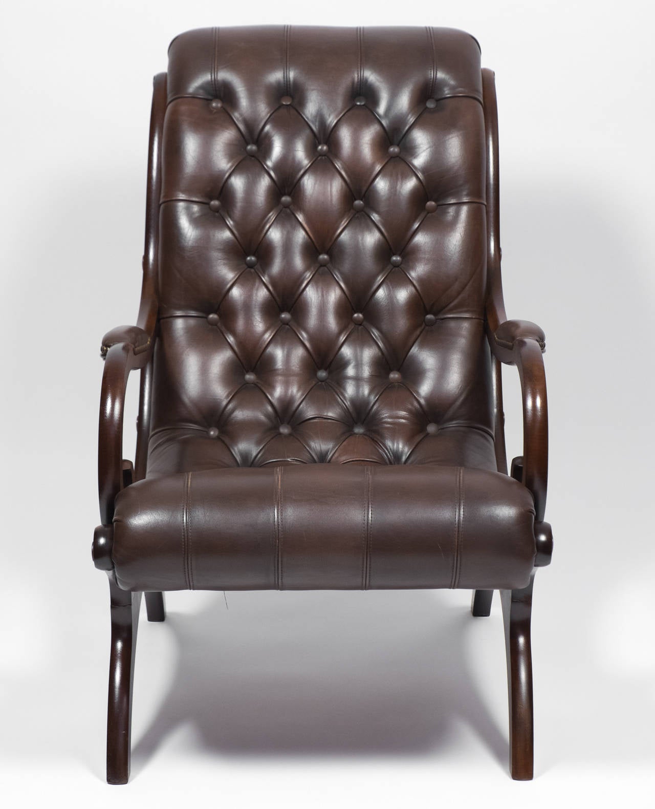 Chesterfield Pair of French  Leather & Mahogany Lounge Chairs