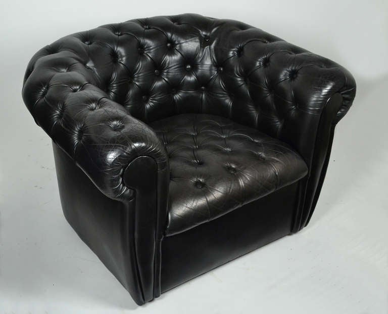 Mid-Century Modern Vintage Black Leather Chesterfield Club Chairs