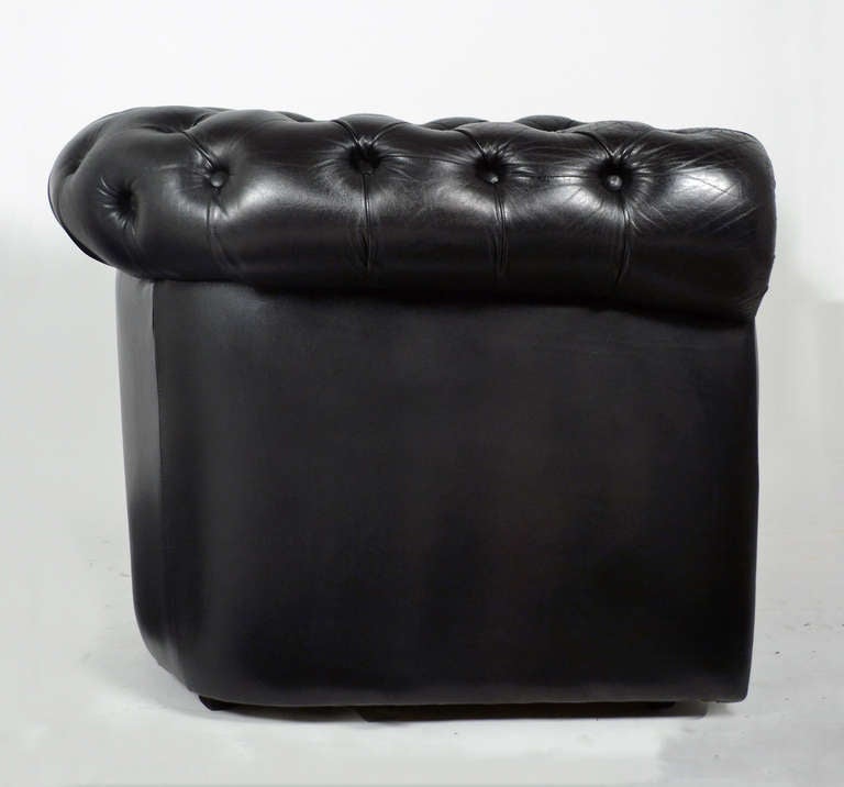 French Vintage Black Leather Chesterfield Club Chairs