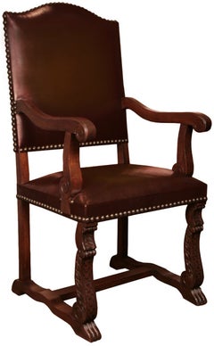 French Renaissance Style Oak and Leather Armchair