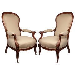 Pair of French Louis Philippe Period Solid Walnut Armchairs