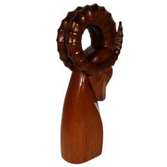 MEXICAN 1950'S CARVED MAHOGANY RAM SCULPTURE by Jose Pinal