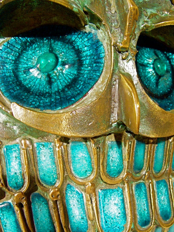 Late 20th Century ITALIAN 70'S  BRONZE & ENAMEL OWL SCULPTURE by Studio Del Campo