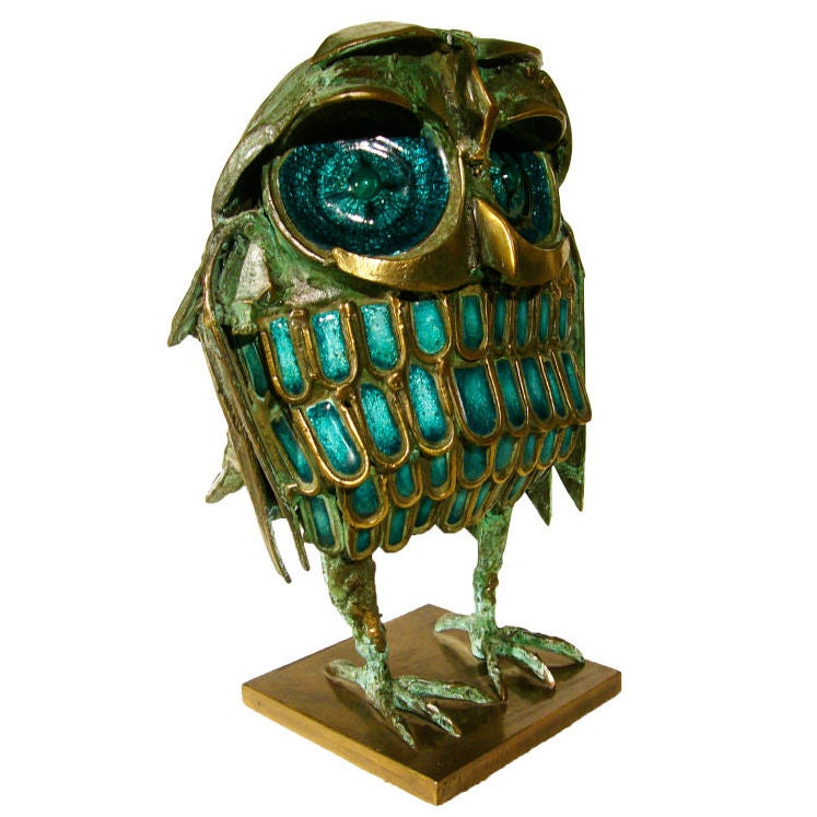 ITALIAN 70'S  BRONZE & ENAMEL OWL SCULPTURE by Studio Del Campo