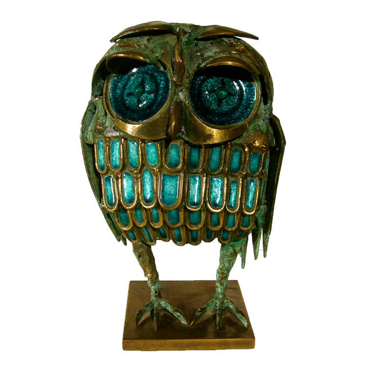ITALIAN 70'S  BRONZE & ENAMEL OWL SCULPTURE by Studio Del Campo 1