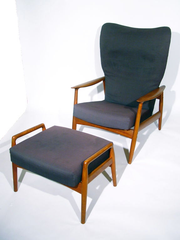 1950's FLARED TALL BACK RECLINING ARMCHAIR WITH OTTOMAN by Dux 1