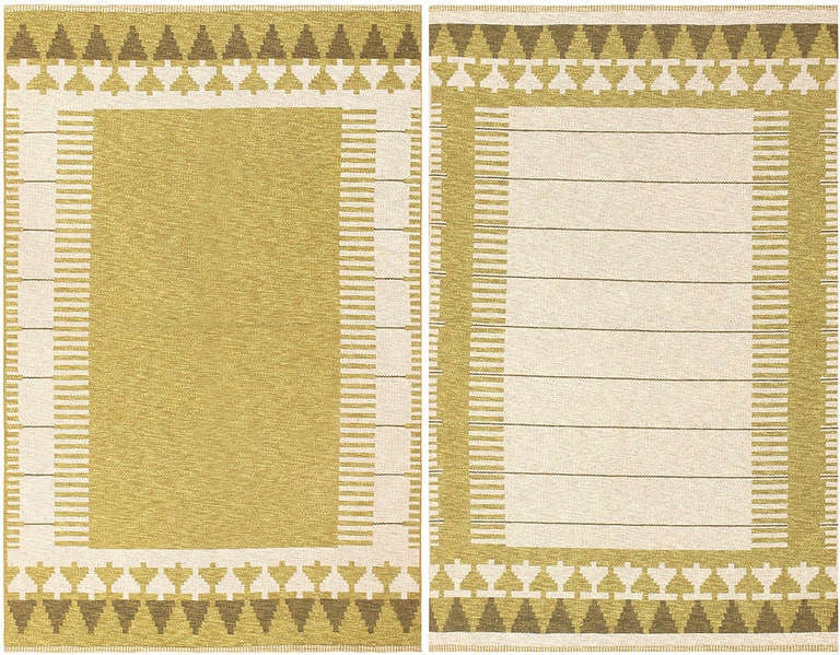 Using strong right-angle geometry and crisp flat-weave motifs, this chic vintage Scandinavian rug embodies a sleek mid-century aesthetic with woodsy details and folksy patterns that emphasize its countrified roots. Avocado green trees, tender spring