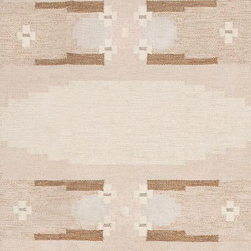 Drawn in a formal and highly geometric style, this classical vintage Swedish Kilim has a modern style that is elegant and refined. The central repeating pattern features ovoid compartments with incremental stepped edges that are set over tonal
