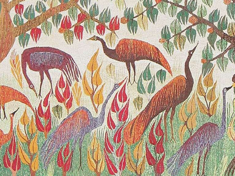 - Here is a delightful tapestry, a product of Sweden from the mid-twentieth century. Featuring a vibrant scene of trees and birds, the whimsical nature suggested by its composition is in fact superficial - for this highly-detailed, masterfully